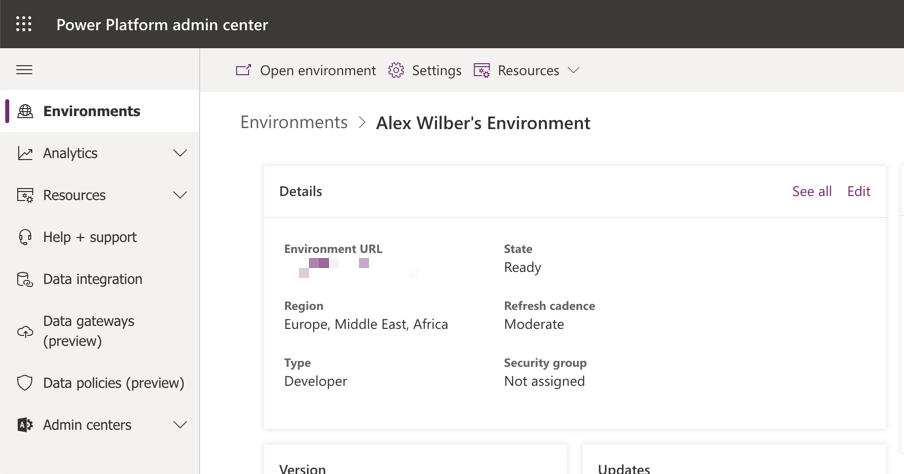 Admin Center - Environment URL