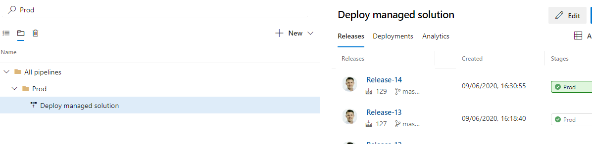 Azure DevOps Releases list